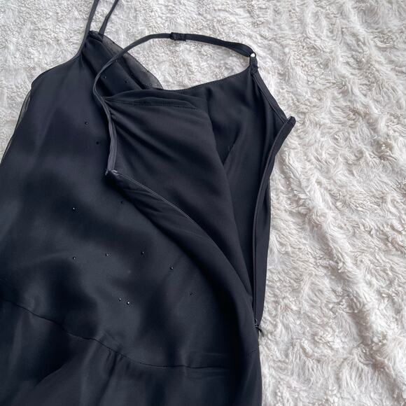 Bebe silk rhinestone beaded slip dress chiffon cocktail midi black ruched bust S - Picture 10 of 15